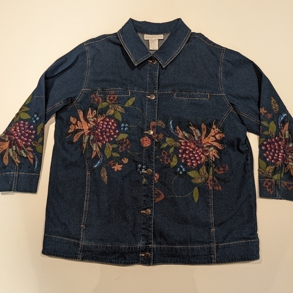 Susan Graver Bohemian Beaded  Embroidered Painted Denim Chore Jacket Floral  1X - Picture 3 of 16